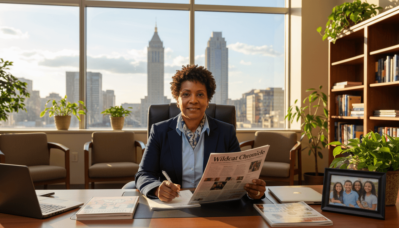 Ohio school principal reviewing newsletter at desk with Columbus skyline visible