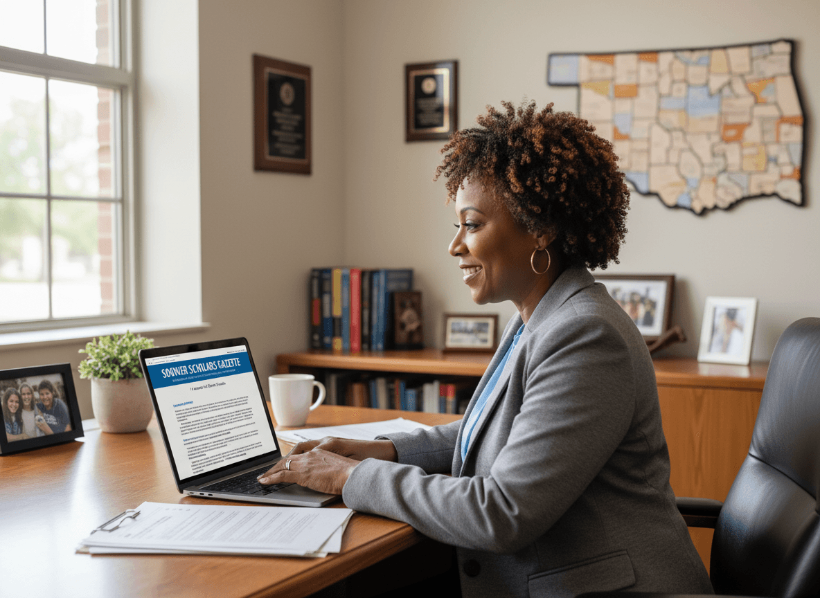 Oklahoma principal composing school newsletter on laptop for district families