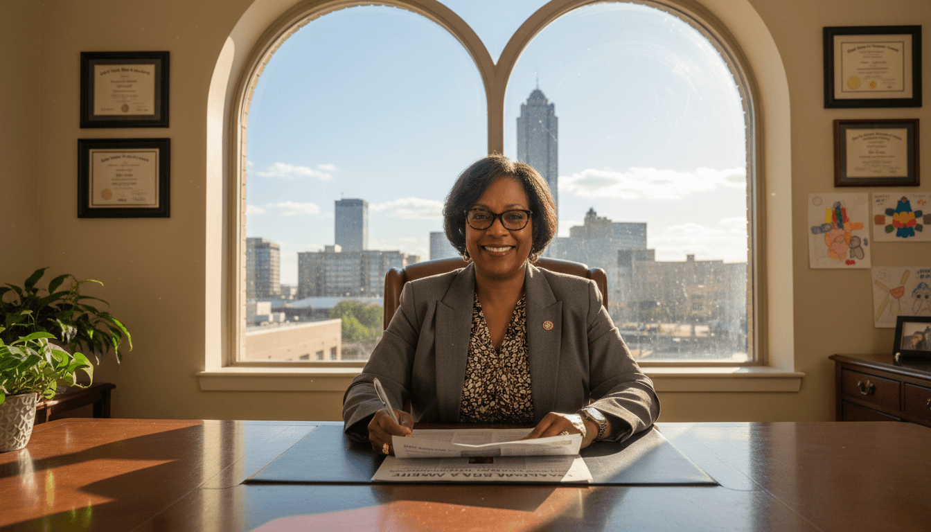 Oklahoma school principal at desk reviewing newsletter with Oklahoma City skyline in background