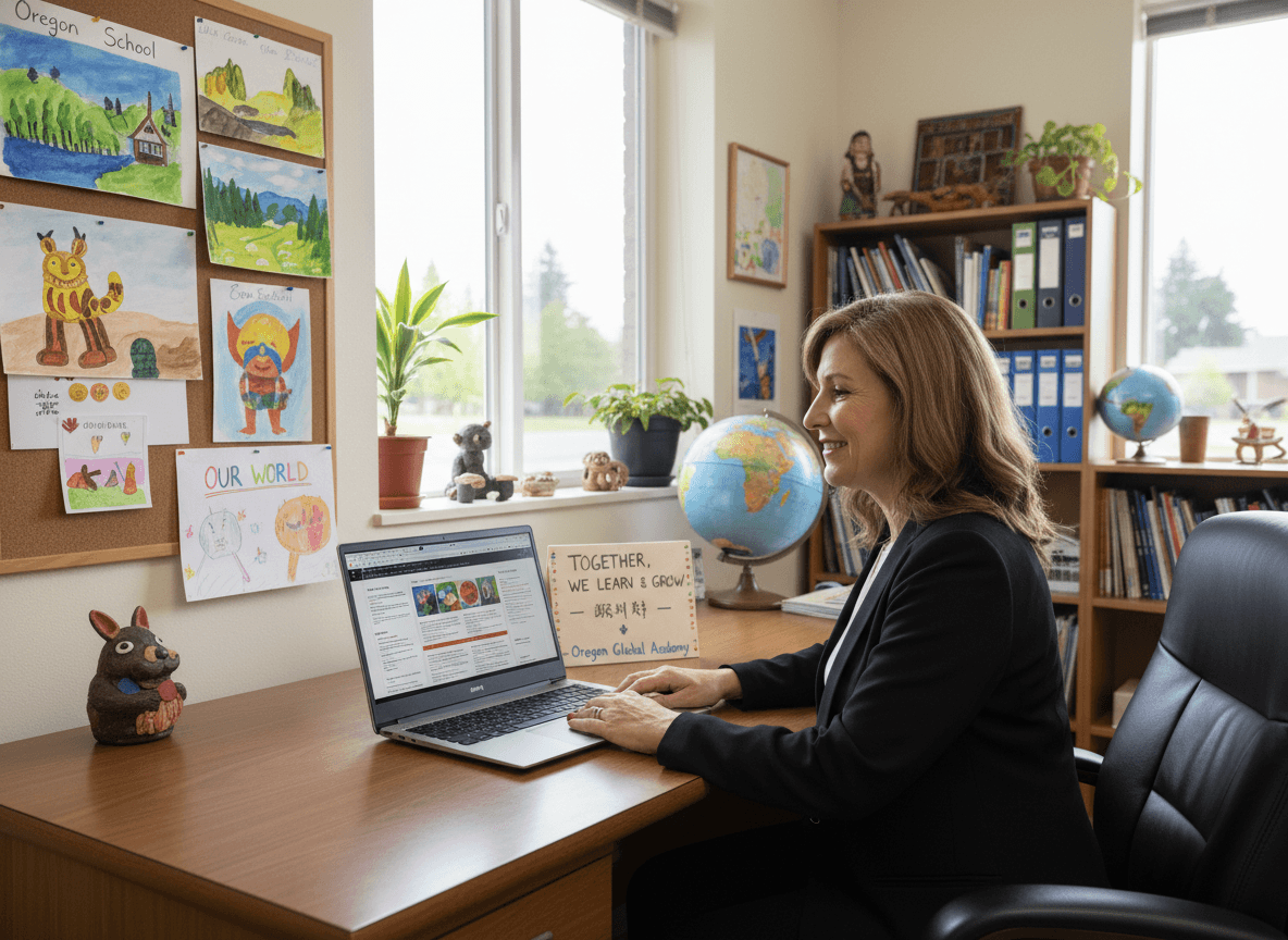 Oregon principal reviewing multilingual school newsletter on laptop with student artwork displayed nearby