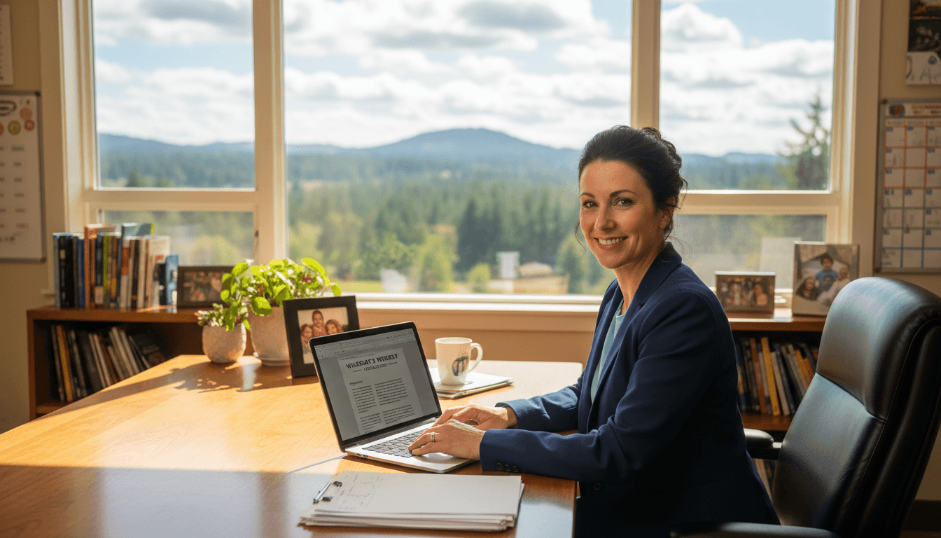 Oregon school principal at desk composing newsletter with green forested hills visible through window