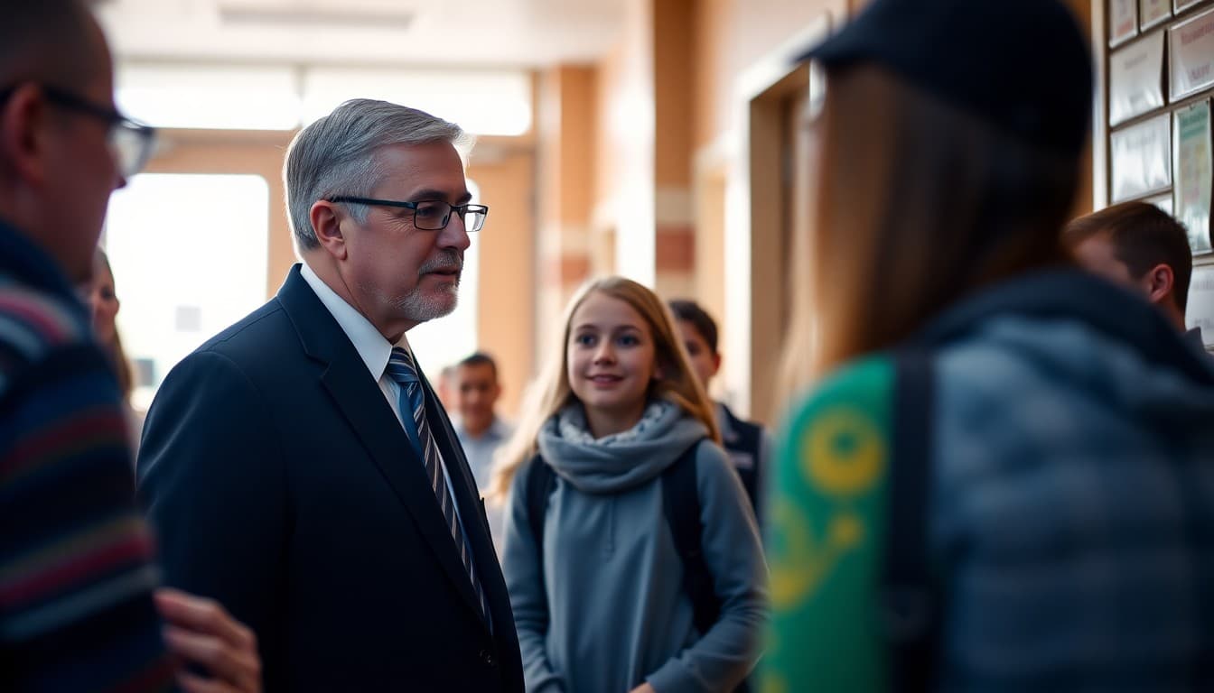 Principal speaking with a family at a school open house event in a warm hallway