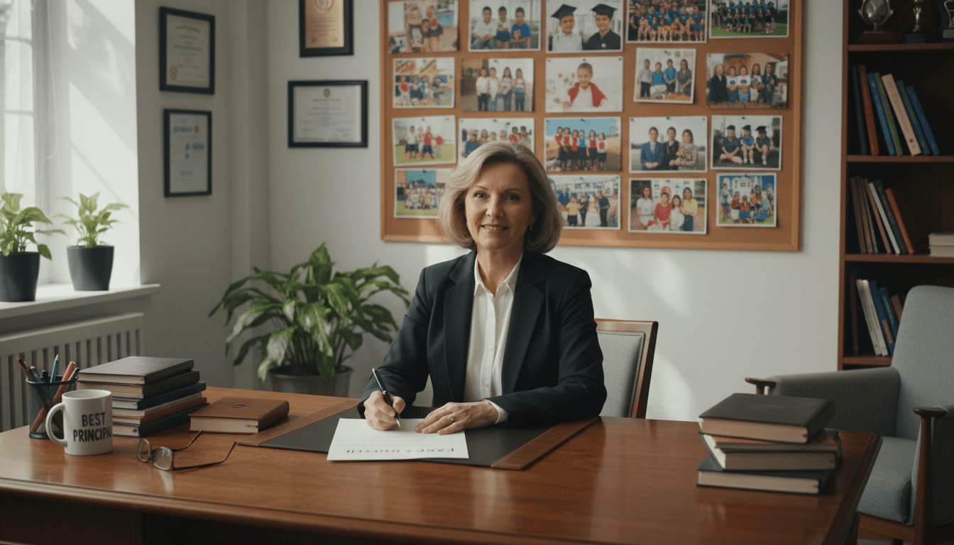Principal writing a farewell letter at a desk with school photos in the background