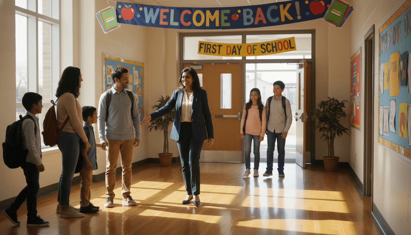 New principal standing in a school hallway welcoming families on the first day of school