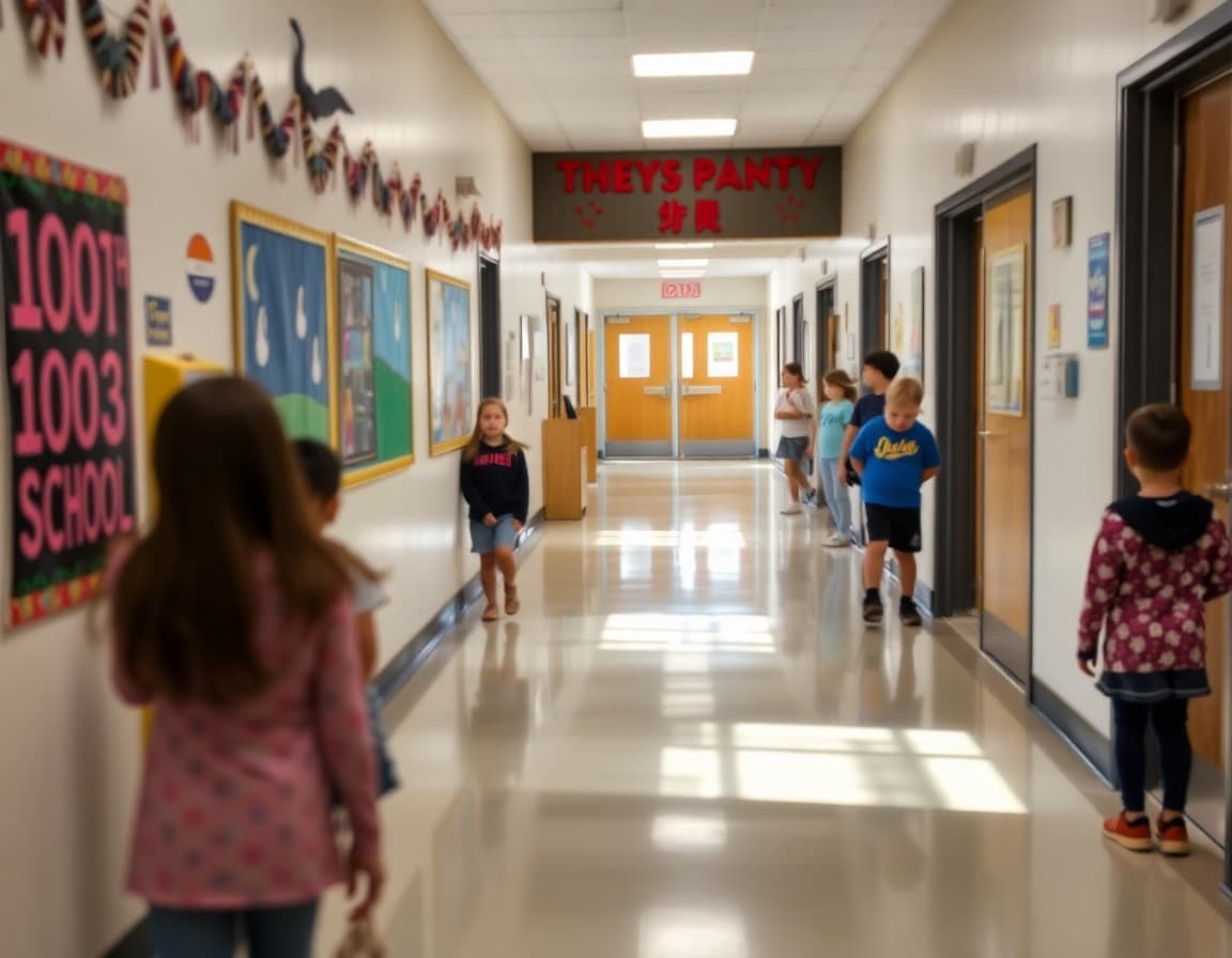 School hallway decorated with 100th day of school displays and student artwork