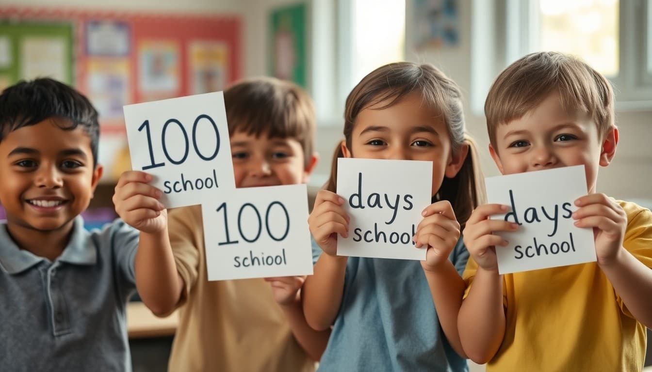 Kindergarten students holding up cards with 100 days of school written on them, smiling