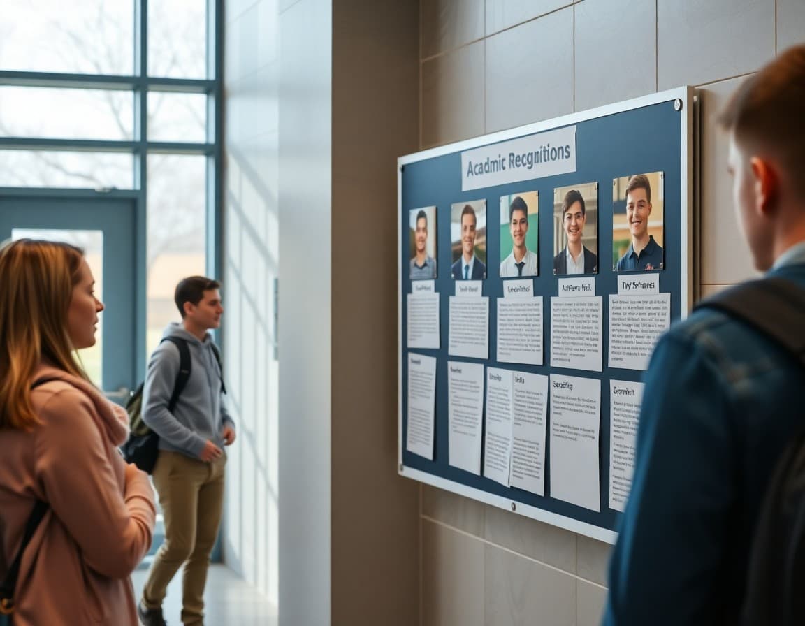 Student academic recognition board in school lobby with photos and achievement descriptions