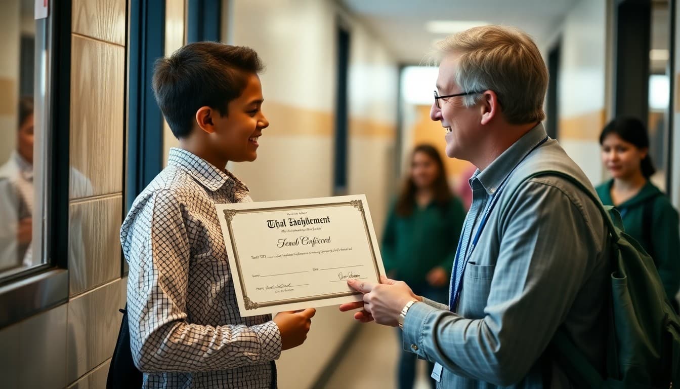 Principal handing academic achievement certificate to smiling student in school hallway