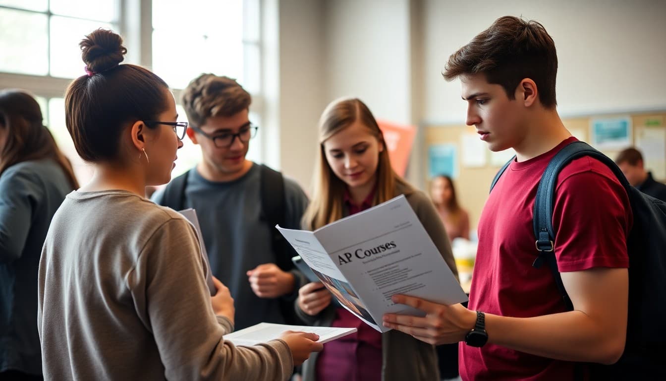 High school students and parents reviewing AP course catalog at an information night
