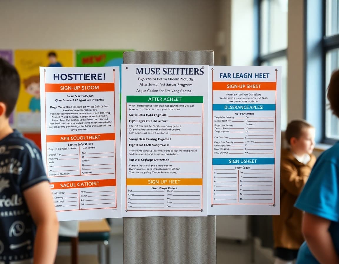 After-school program flyer display with various activity options and sign-up sheets