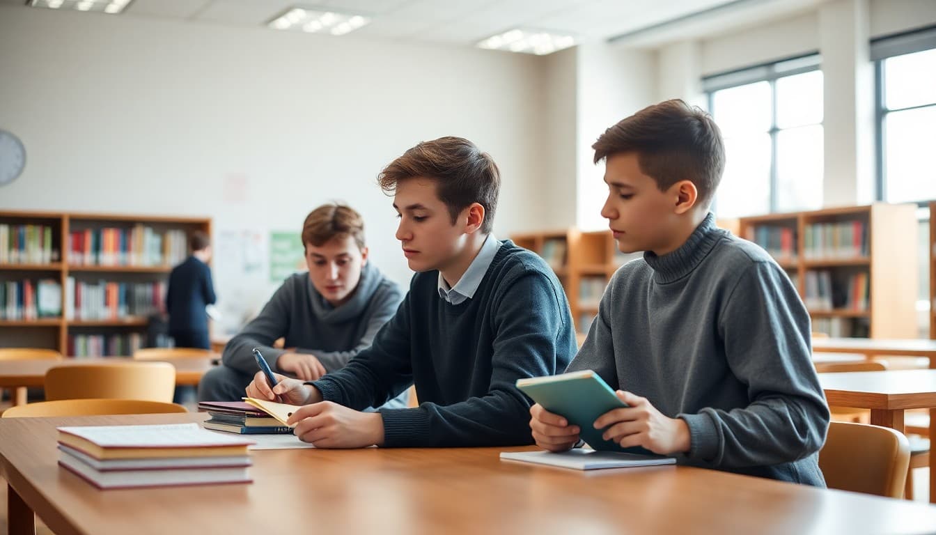 Students working with a tutor at a table in a school library after school hours