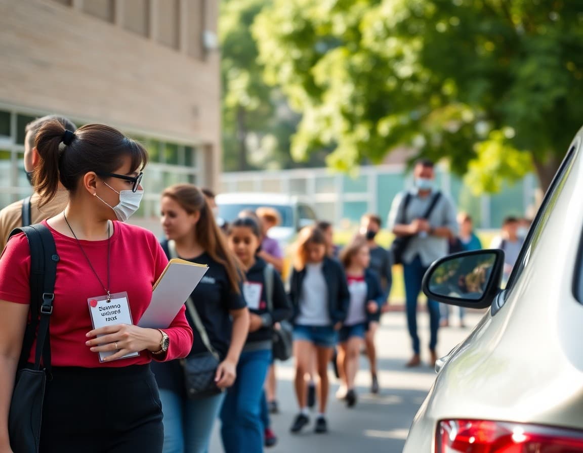 School staff managing afternoon dismissal with car tags and organized student groups