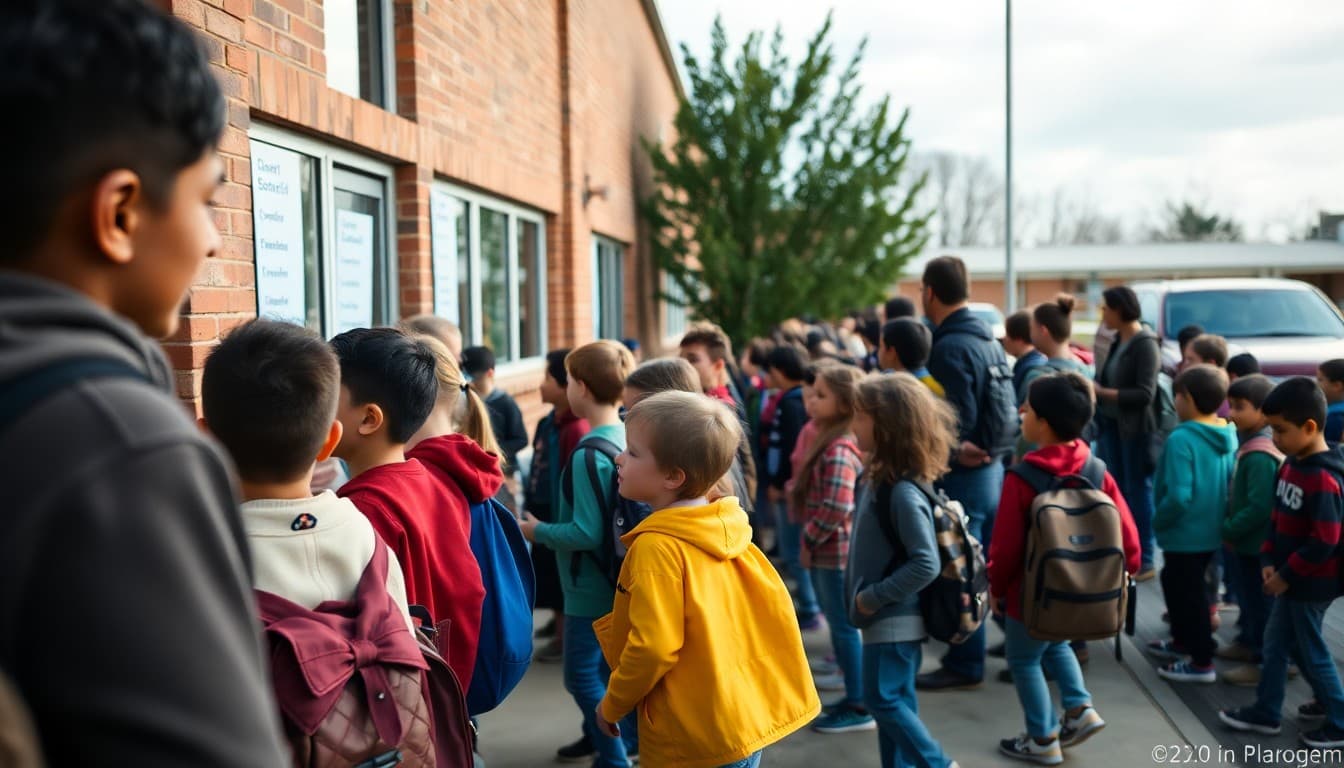 Students waiting in organized dismissal lines outside a school as parents arrive for pickup