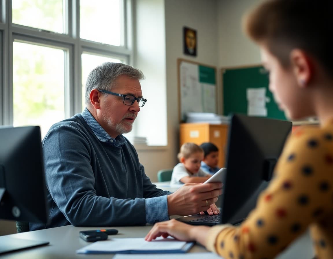 Principal reviewing family survey results on computer to plan school improvement priorities