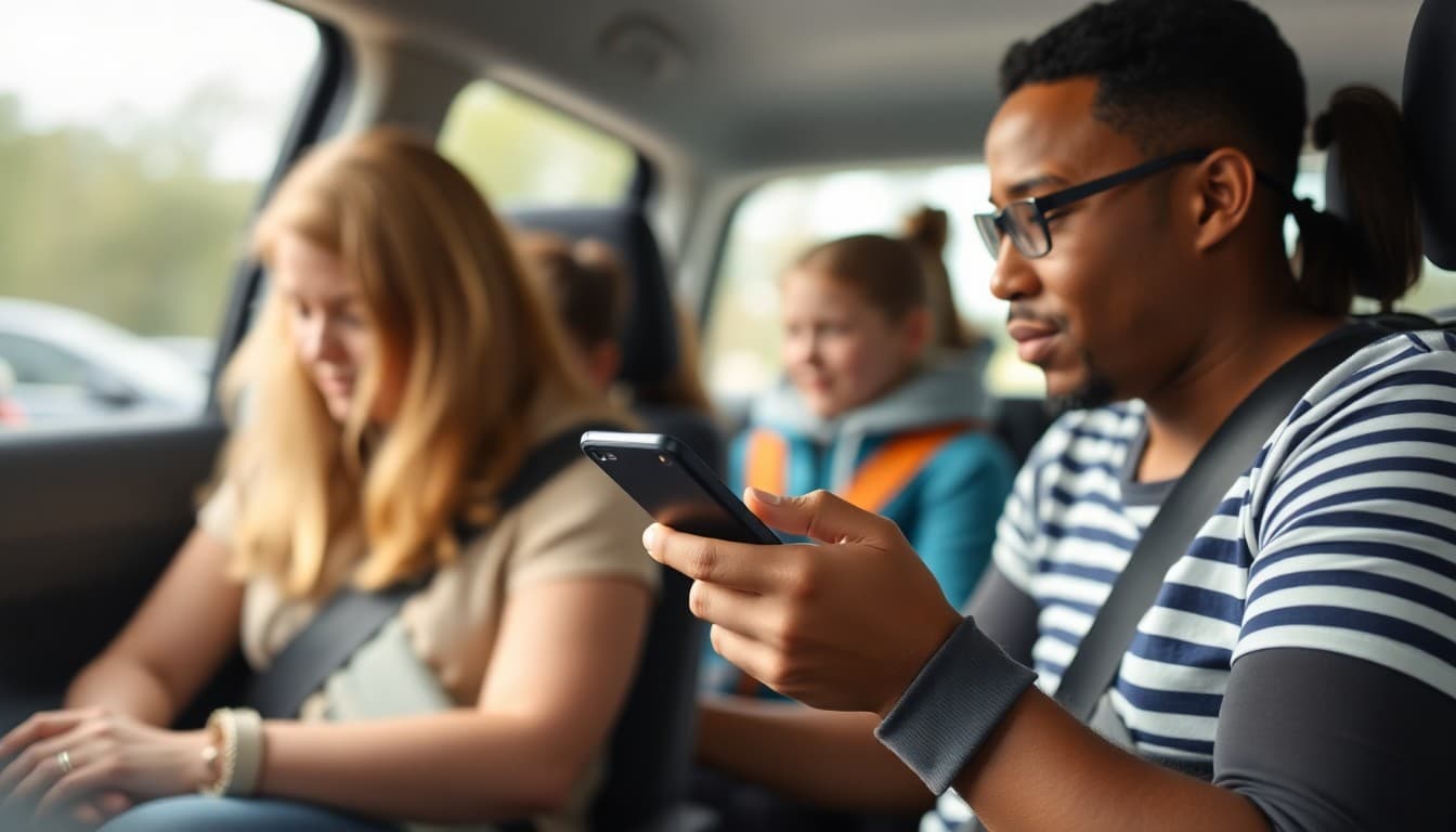 Parent completing annual school survey on smartphone while sitting in school pickup line
