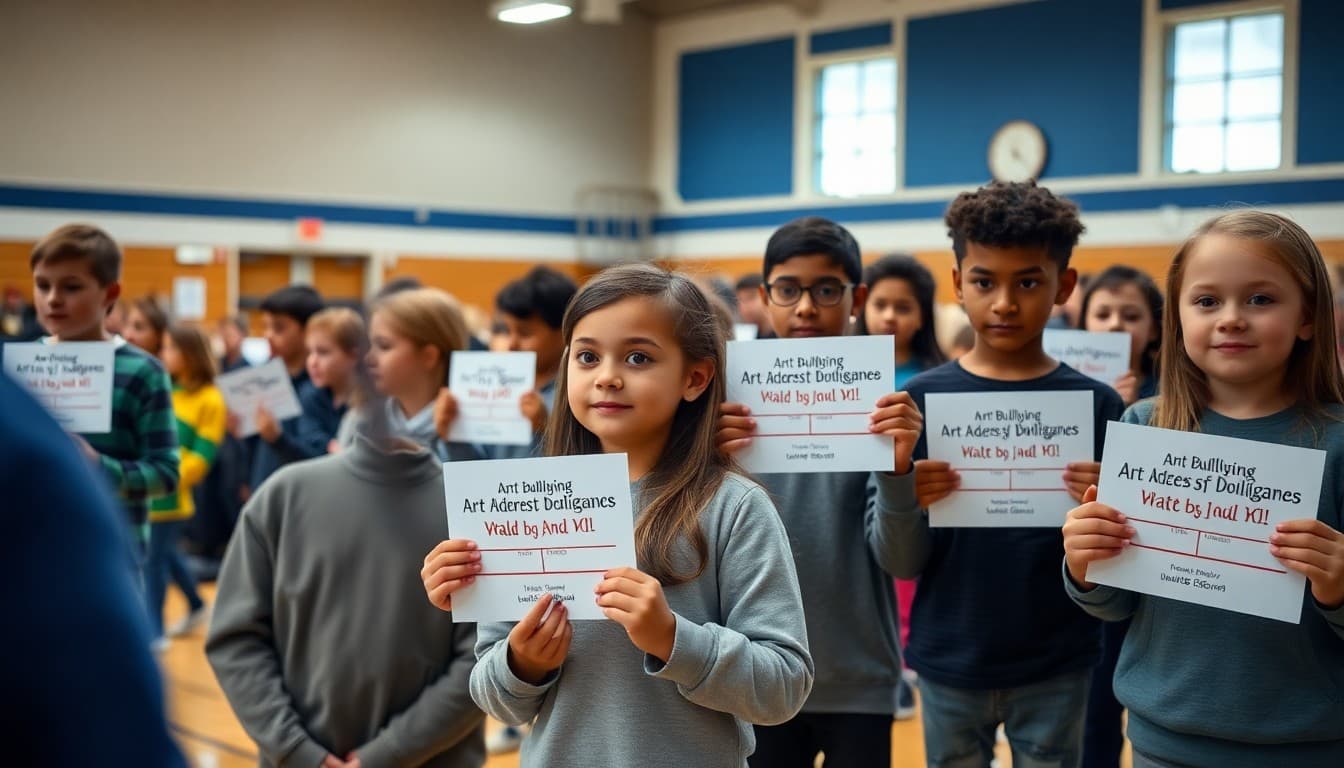 Students holding anti-bullying pledge cards in the school gymnasium during an assembly