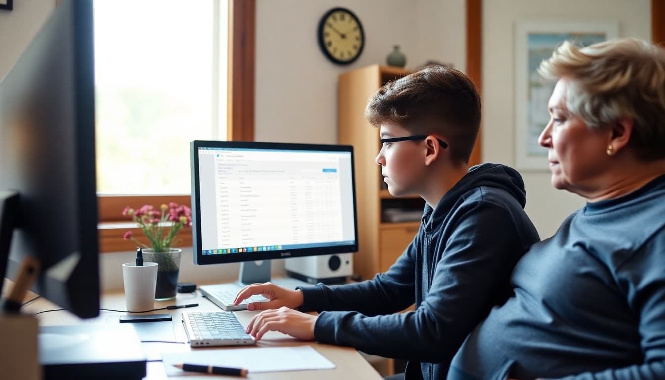 High school student reviewing AP exam score results on computer screen at home with parent nearby