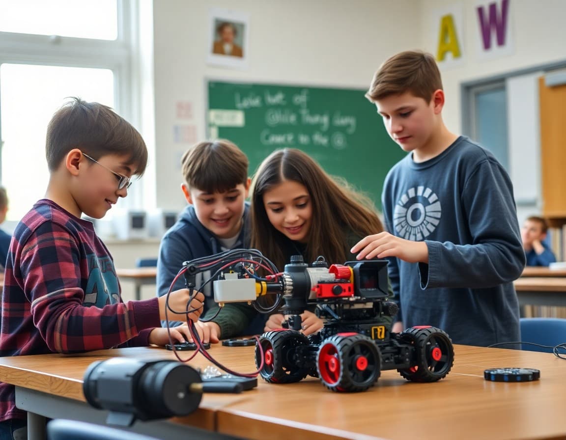 Middle school students designing robotics project using artistic and technical skills together