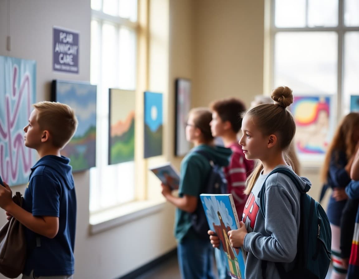 Students displaying original paintings at a school visual arts gallery walk