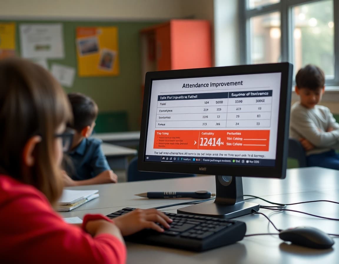 Attendance improvement newsletter on a school computer showing attendance data and goals