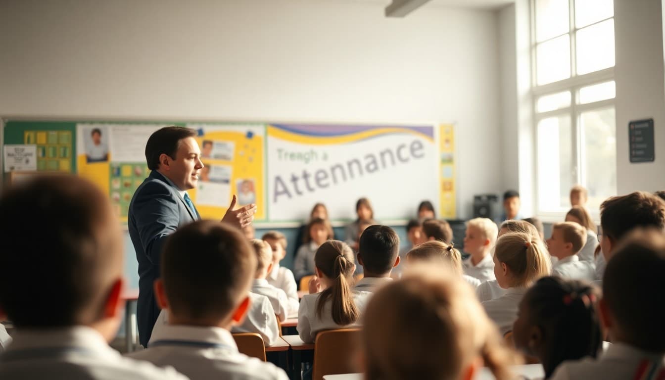 Principal launching an attendance awareness campaign at a morning school assembly