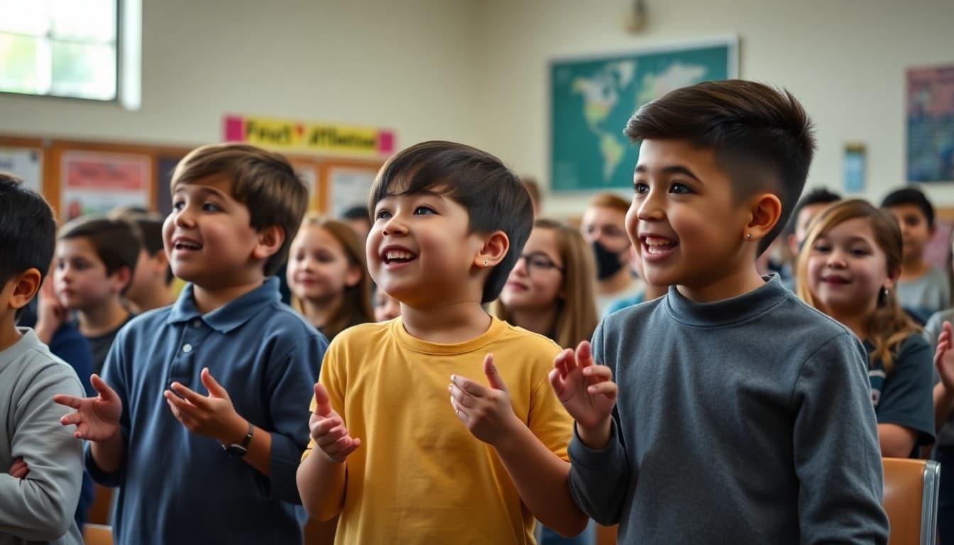 Students celebrating perfect attendance recognition at a school assembly