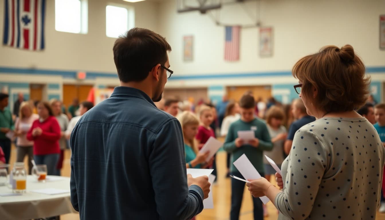 Families and community members bidding at a school benefit auction in a decorated gym