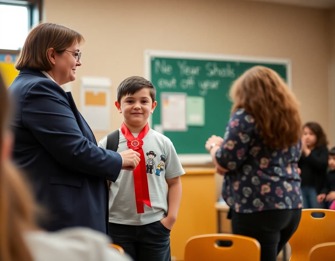 Elementary principal handing student award ribbon while parent takes photo at end-of-year celebration