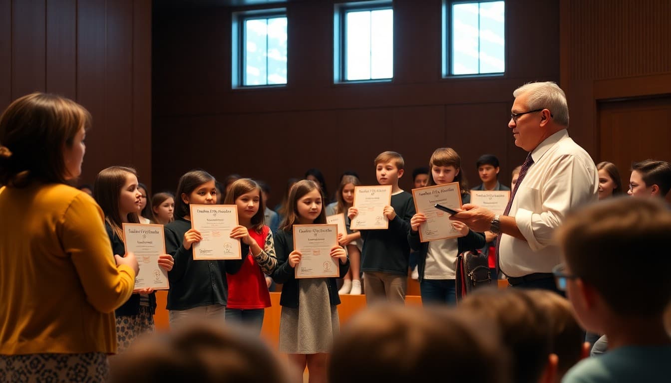 Students receiving award certificates from principal at school awards ceremony on auditorium stage in front of families