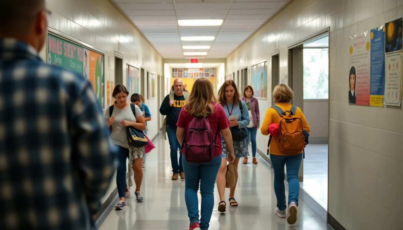 Parents walking through school hallway reading classroom signs during back to school night event in September