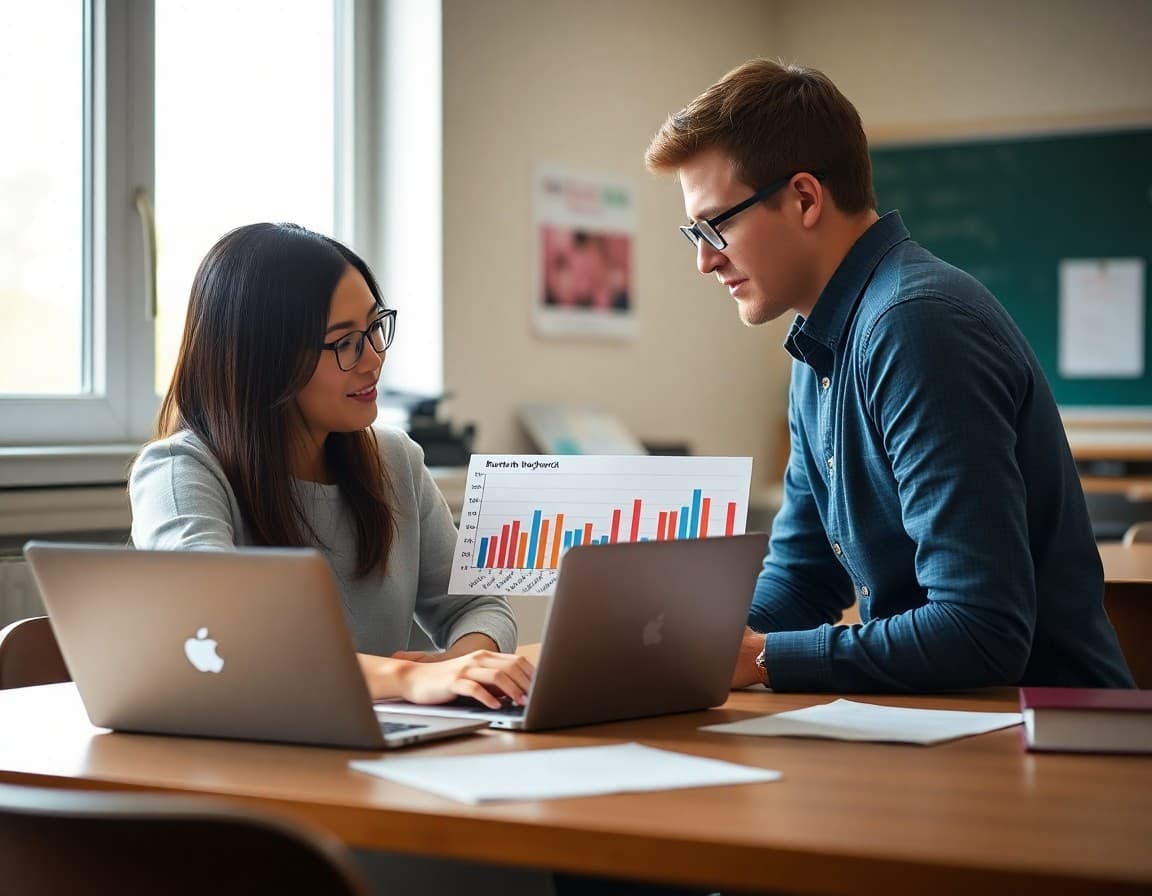 Teacher reviewing benchmark data chart on a laptop with a colleague at a data meeting