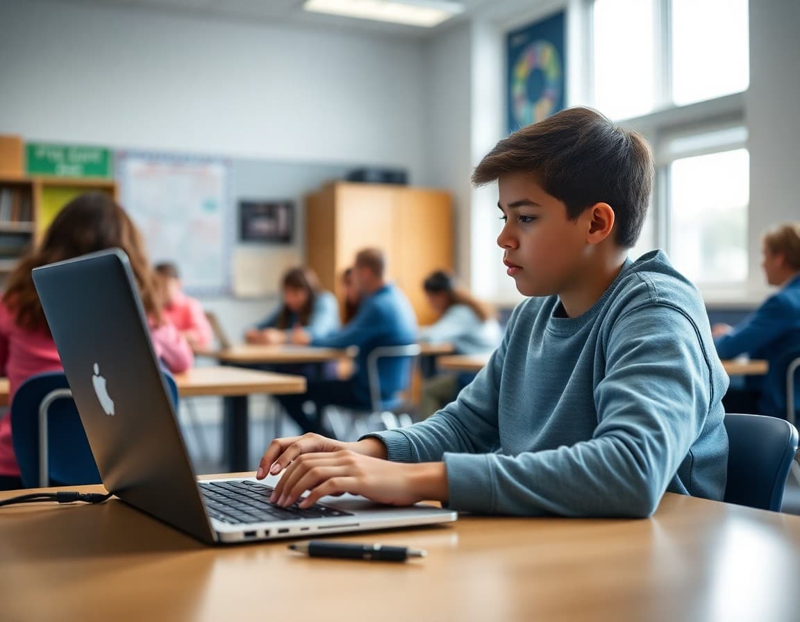Middle school student completing online learning module on laptop while teacher meets with student group