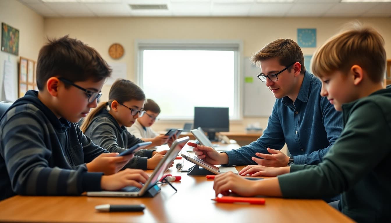 Students working on tablets in blended learning classroom with teacher circulating and helping small group