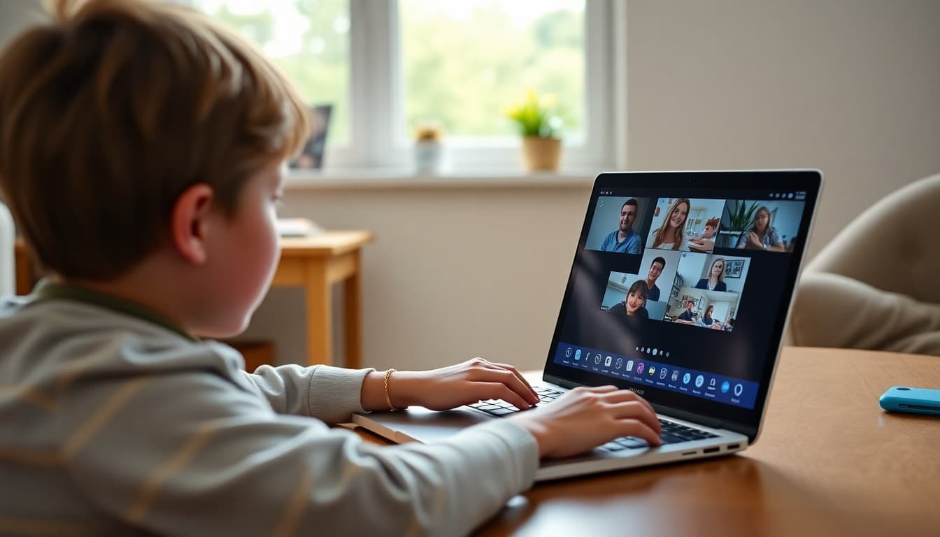 Student attending a virtual school session on a laptop at home during a blended learning day
