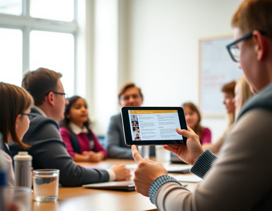 Board presentation invitation newsletter on a tablet at a school family meeting