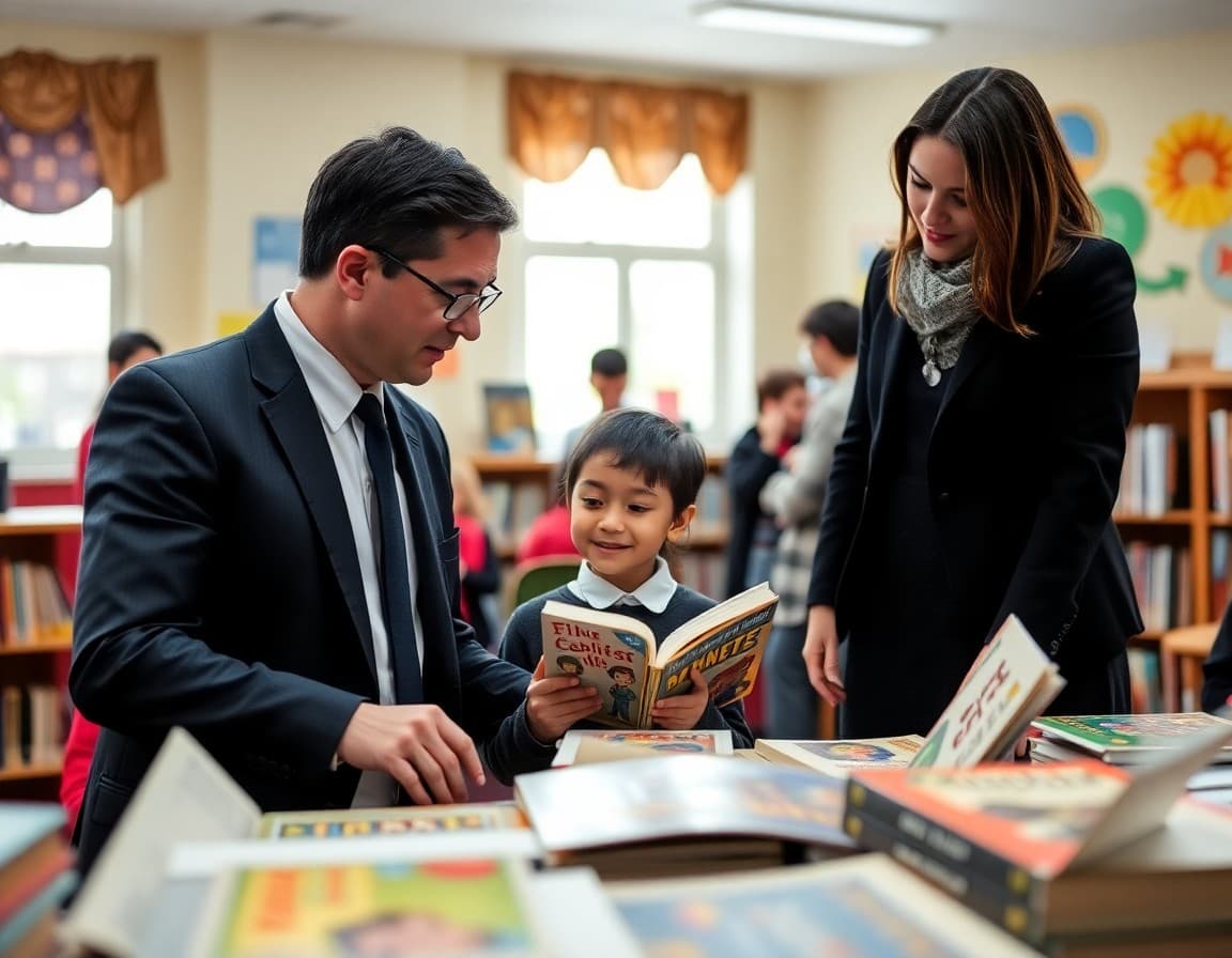 Principal helping student select books during school book fair in decorated school library