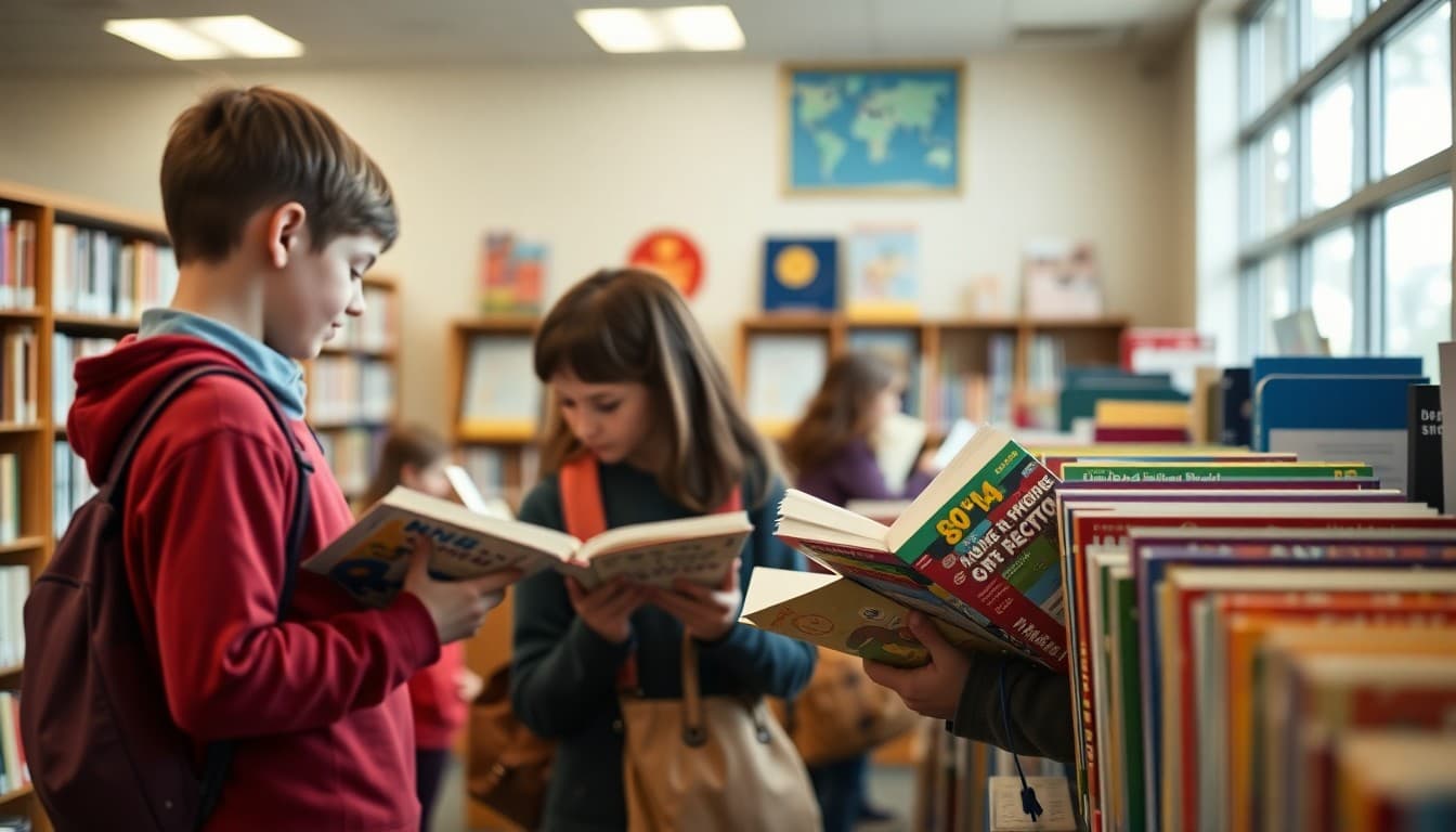 Students browsing books at school Scholastic book fair display in library with colorful book covers visible