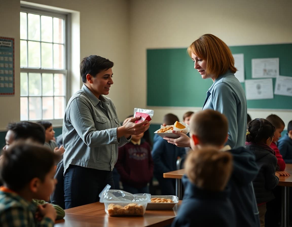 Teacher distributing breakfast items to students at the start of the school day