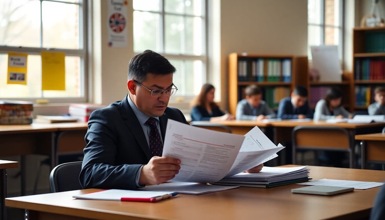 Principal reviewing budget documents and preparing a communication for school families