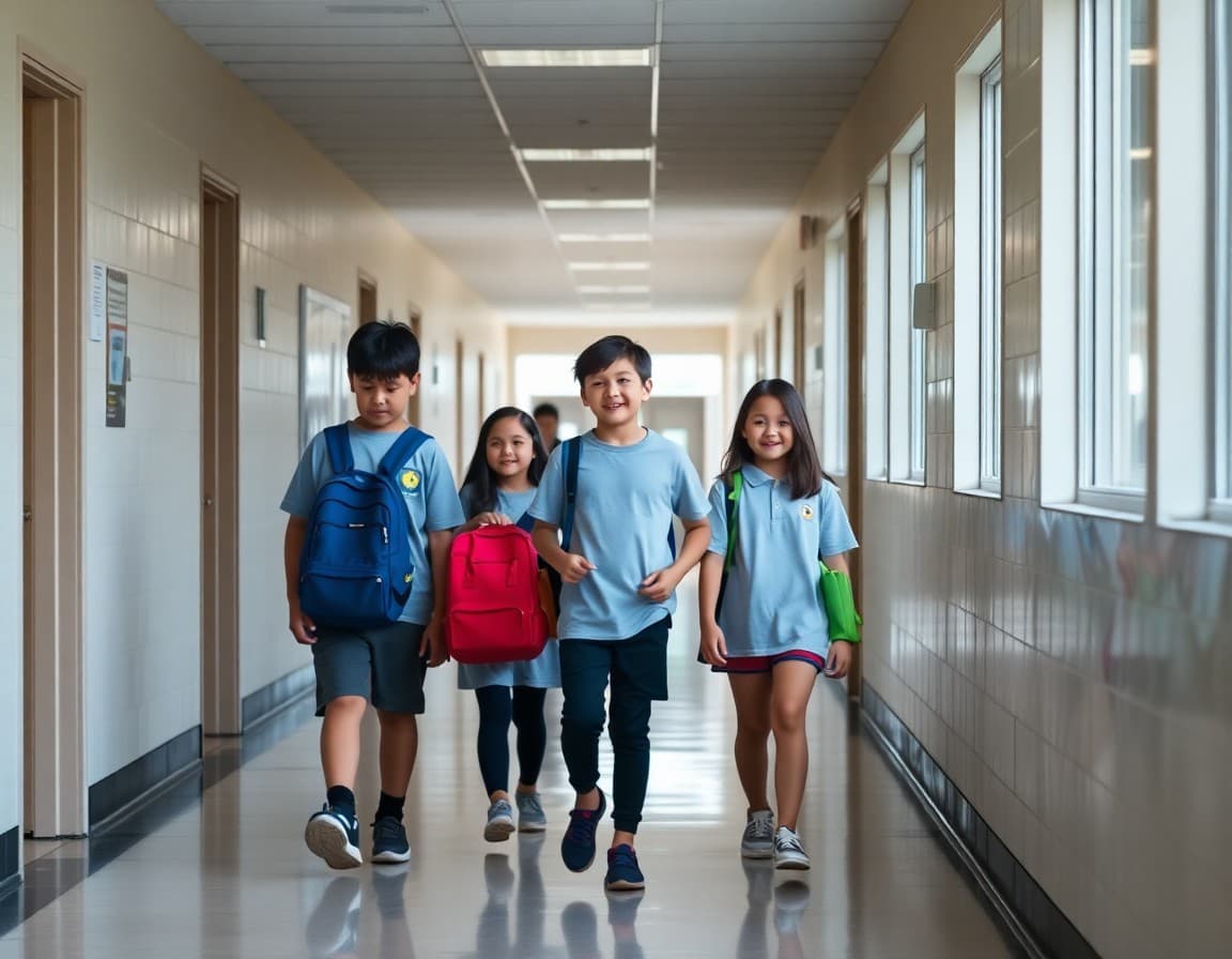 Students walking down a hallway of their new school building for the first time