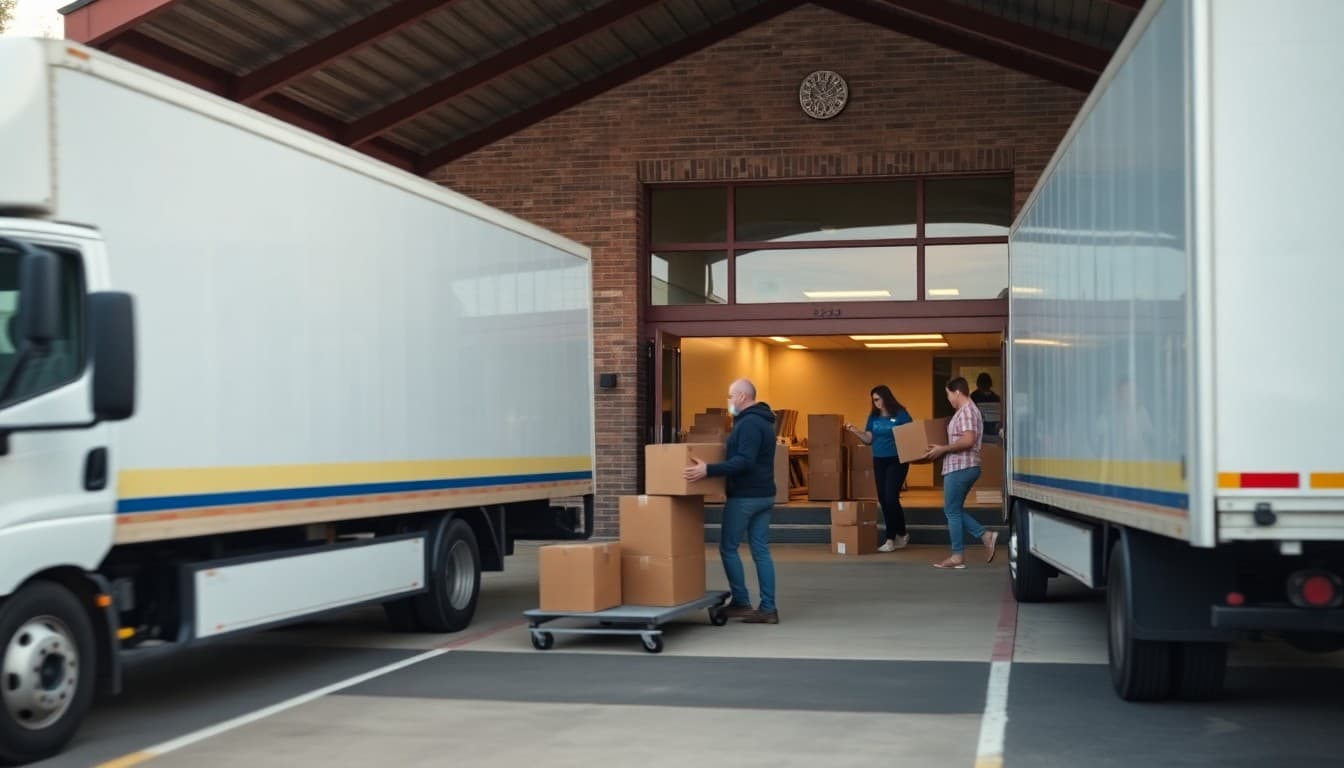 Moving trucks parked outside a school building with staff carrying boxes through the entrance