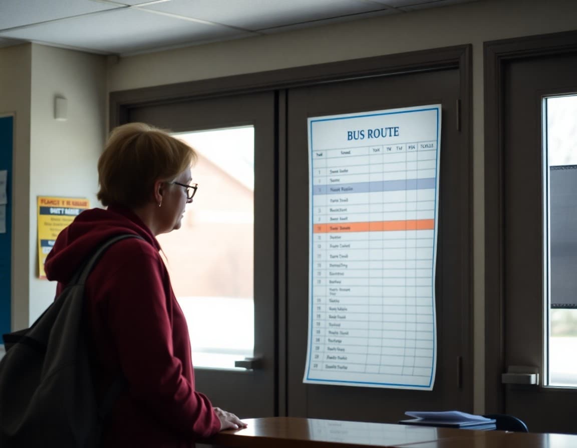 Parent reviewing an updated bus route schedule at the school office desk