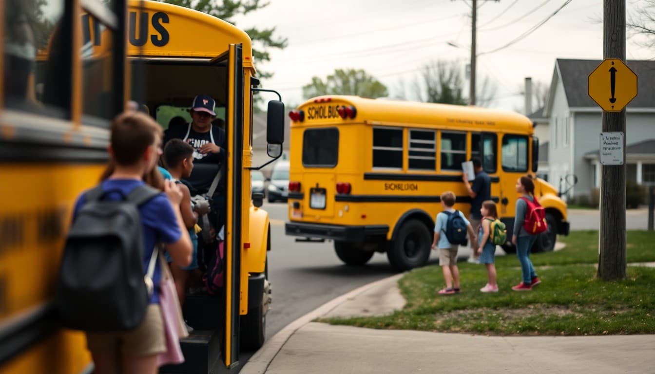 Yellow school bus stopped at a suburban street corner picking up students