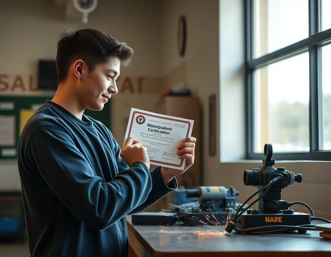 CTE student receiving industry certification credential in welding program at high school