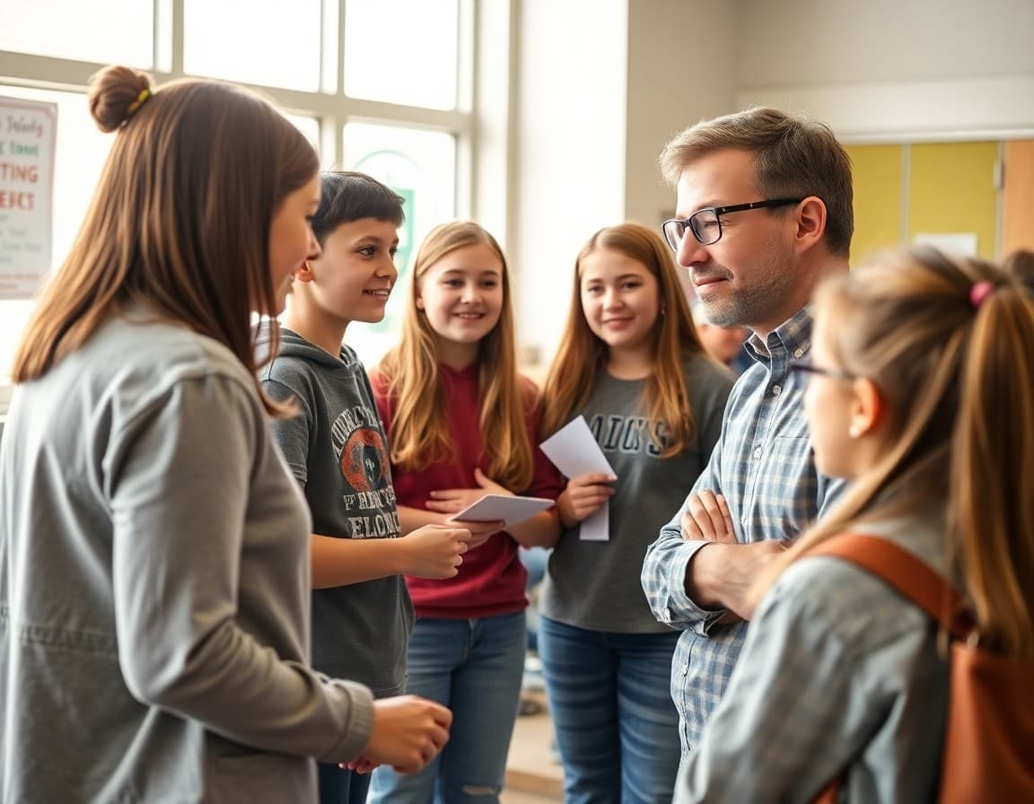 Middle school students interviewing a small business owner at a career exploration event