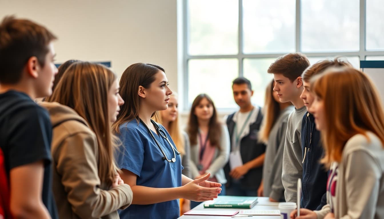 High school students gathered around a professional in scrubs at a career fair table
