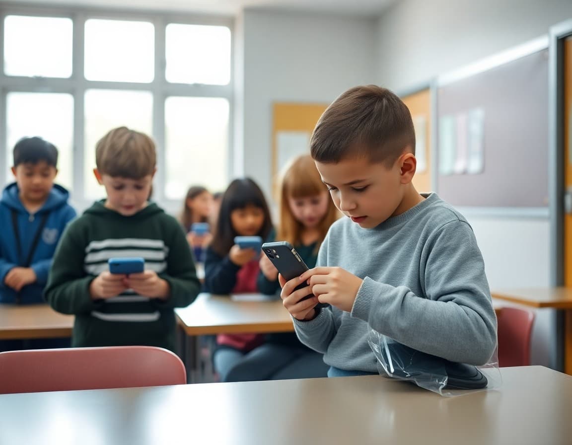 Students placing phones in labeled pouches at classroom entrance