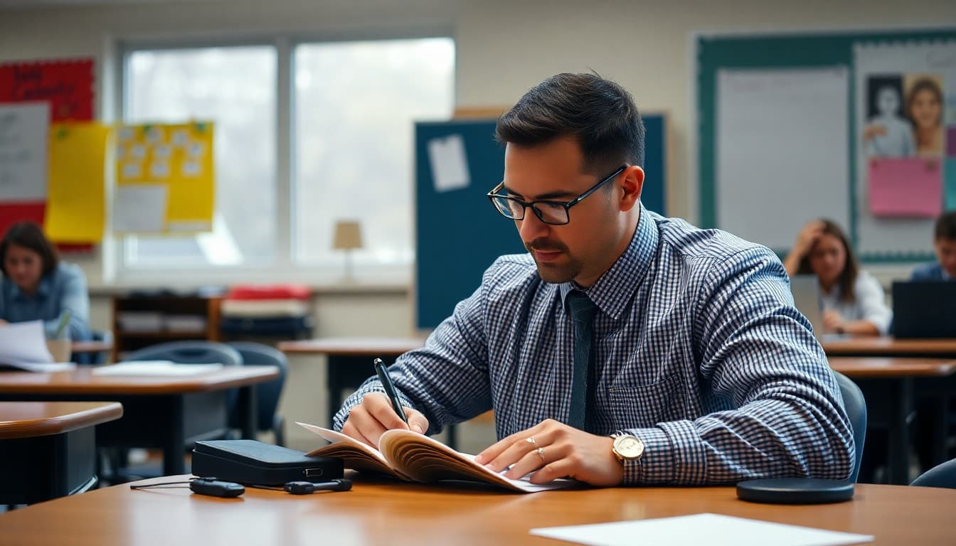 Principal writing a newsletter about the school cell phone policy at a desk