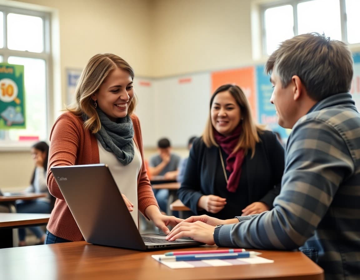 Teacher showing parent how to access student Chromebook at a family information session