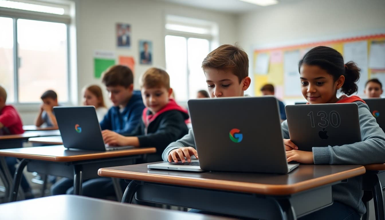 Students opening new Chromebooks at their desks on the first day of a 1-to-1 program
